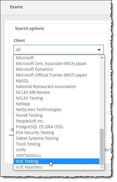 Search for exams by client drop-down list.